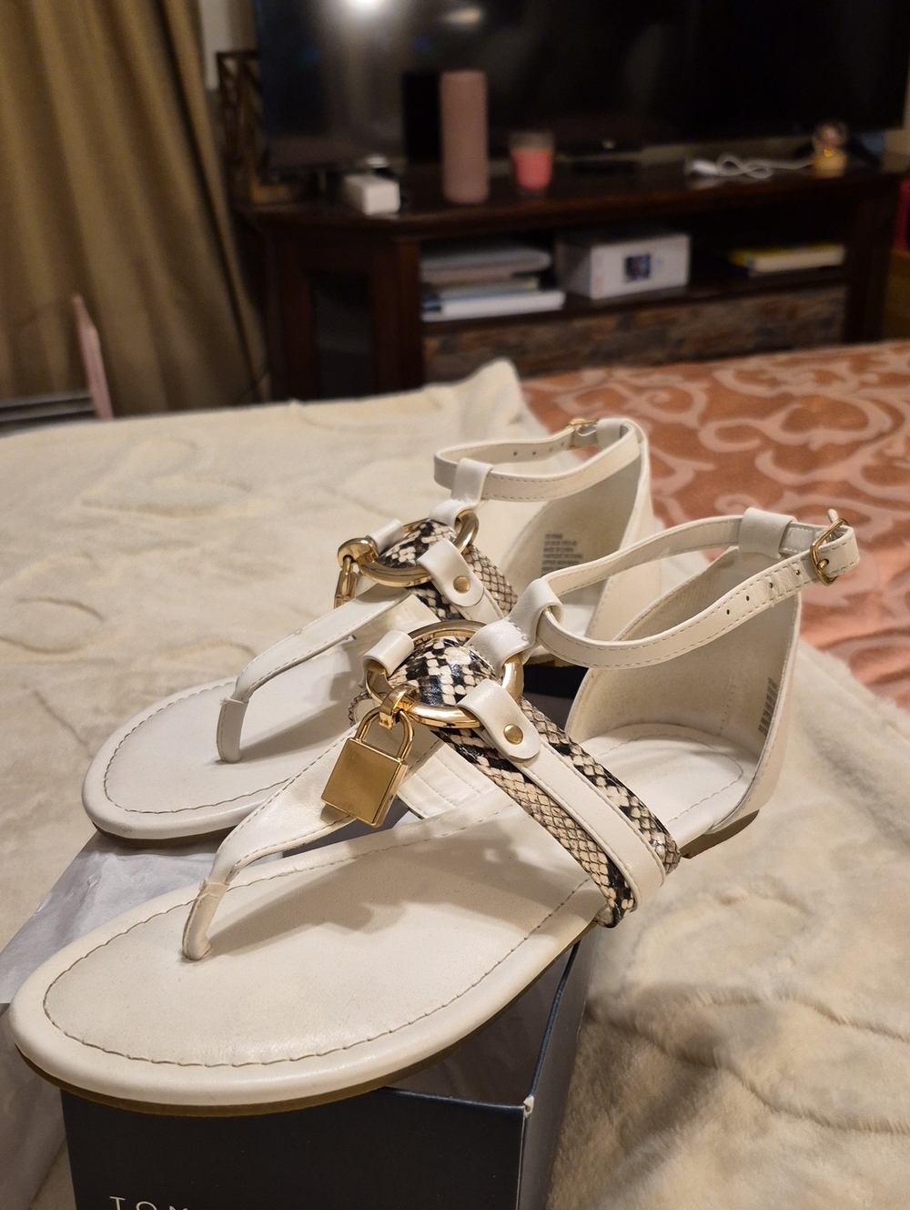 Women’s White T-Strap Sandals with Gold Accent